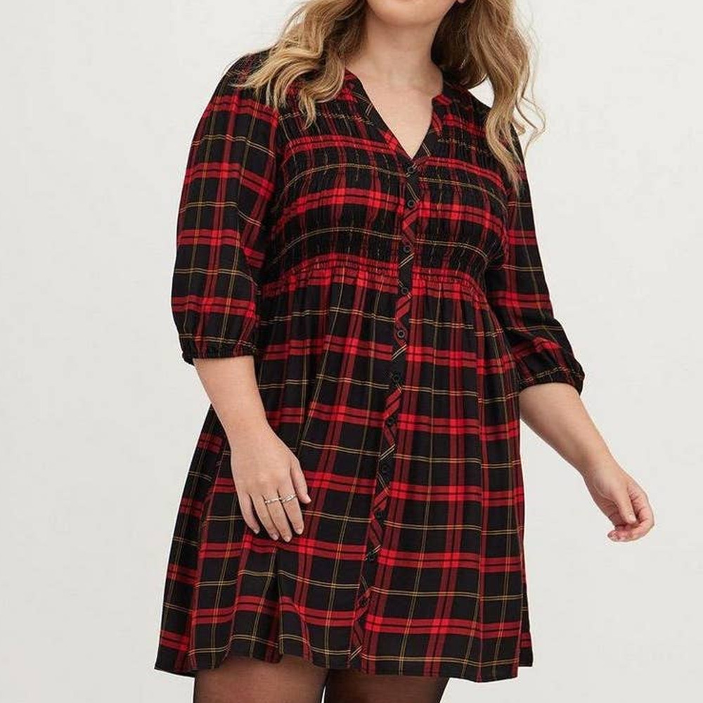 New Torrid 1 (1X 14/16) Red/Black/Yellow Plaid Twill Tunic Mini Smocked Dress